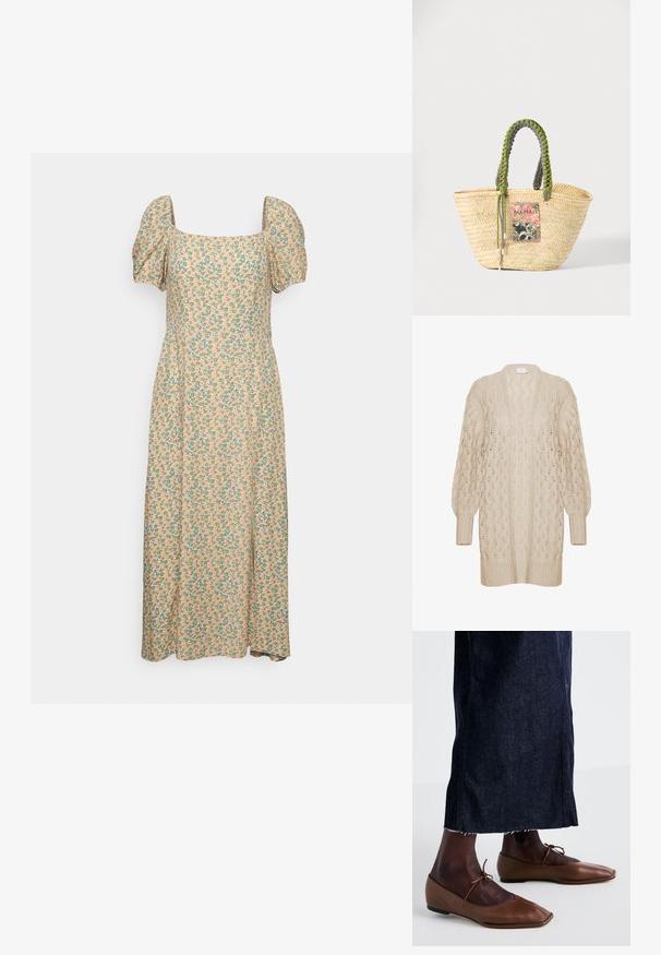 Beige strikket cardigan med løs pasform, åben front og tekstureret blondermønster. Har ribbede manchetter og kant. Let og luftig materiale.; Even&Odd by Zalando Hverdagskjole - green/pink; Brune læderballerinaer med spids toe og narrestreger, parret med en mørk denimnederdel med frynset kant og søm ved siden af.; Vævet beige stråtaske med flettede grønne og sorte håndtag og en farverig rektangulær lap foran.
