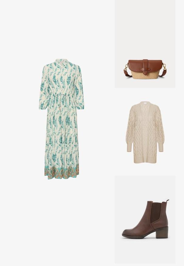 Cárdigan de punto beige con corte holgado, frontal abierto y patrón de encaje texturizado. Presenta puños y dobladillo de canalé. Material ligero y aireado.; Vestido largo y ligero con un patrón floral en verde azulado y blanco. Presenta un escote alto, mangas largas y un dobladillo decorativo dorado.; Bota de piel marrón hasta el tobillo con un acabado suave, paneles laterales elásticos, punta redondeada y un tacón de madera moderado.; Bolso bandolera de cuero marrón y paja tejida con cierre de solapa y correa ajustable con cierres en tono dorado.