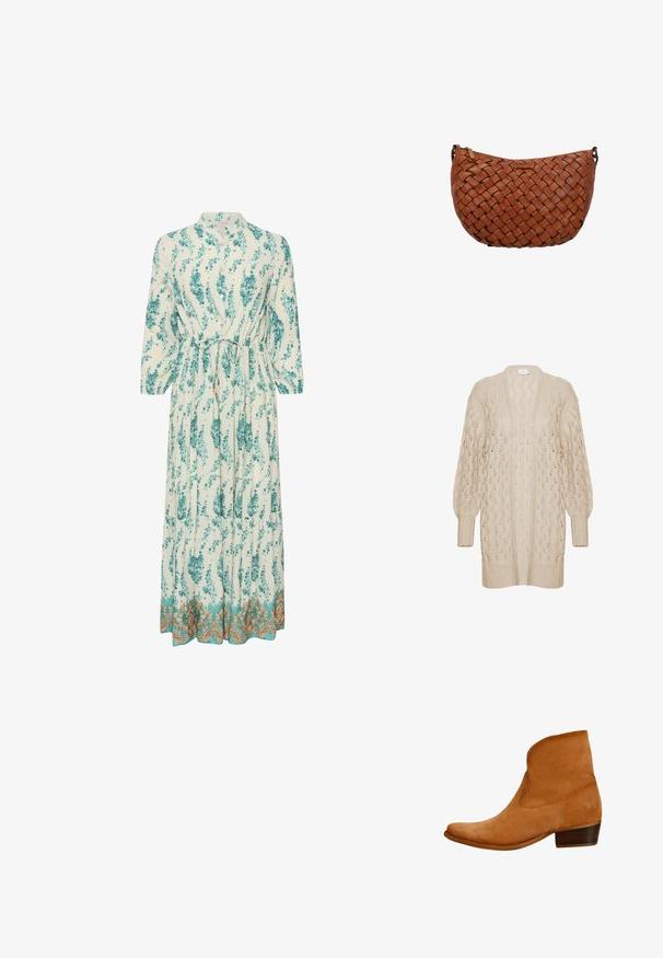 Beige strikket cardigan med løs pasform, åben front og tekstureret blondermønster. Har ribbede manchetter og kant. Let og luftig materiale.; Lang, let kjole med blomsterprint i teal og hvid. Har en høj krave, lange ærmer og en dekorativ guldkant.; Suedes brown ankelstøvle med en buet top, spids tå og lav træhæl; har diskret præget detalje på siden.; Brun skuldertaske i læder med flettet mønster og lynlåslukning på toppen, vist mod en hvid baggrund.