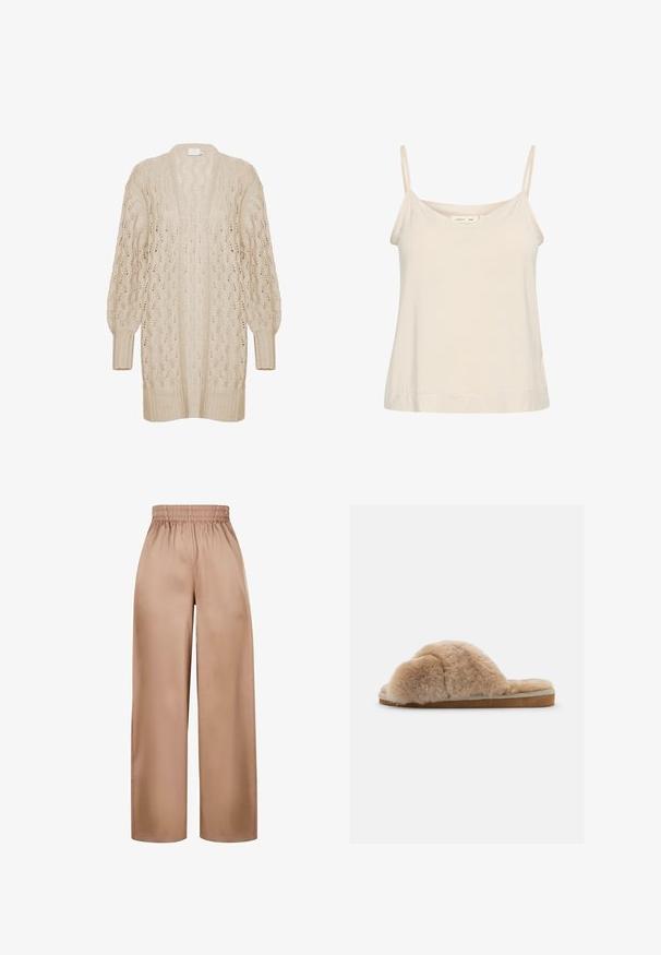Cardigan en tricot beige à coupe ample, à l'avant ouvert, avec un motif en dentelle texturé. Il présente des poignets et un ourlet côtelés. Matériau léger et aéré.; Camisole beige clair en tissu doux, avec de fines bretelles réglables et un décolleté en V, offrant une coupe légèrement décontractée.; Pantalons à jambes larges, de couleur marron clair, fabriqués dans un tissu lisse avec une taille élastique, présentant un design simple sans embellissements supplémentaires.; Chausson en peluche beige avec une texture douce, à dos ouvert et doublure intérieure. Semelle plate avec une base marron clair et des coutures beiges.