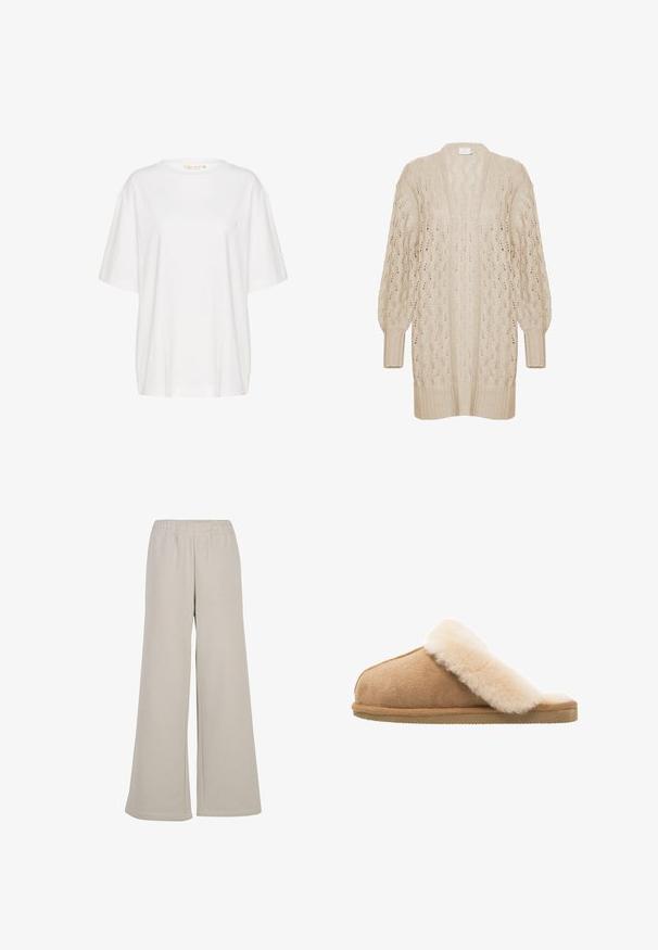 Cárdigan de punto beige con corte holgado, frontal abierto y patrón de encaje texturizado. Presenta puños y dobladillo de canalé. Material ligero y aireado.; Camiseta de manga corta blanca, confeccionada en algodón suave. Presenta un escote redondo y un discreto detalle de logo en el lado izquierdo del pecho. Diseño de corte recto.; Pantalones de chándal de pierna ancha en beige claro, fabricados en material suave, con cinturilla elástica y dobladillo recto y limpio.; Zapatilla de ante de color beige, con un suave forro de piel de oveja crema. Cuenta con una suela de goma plana y texturizada para mayor agarre.