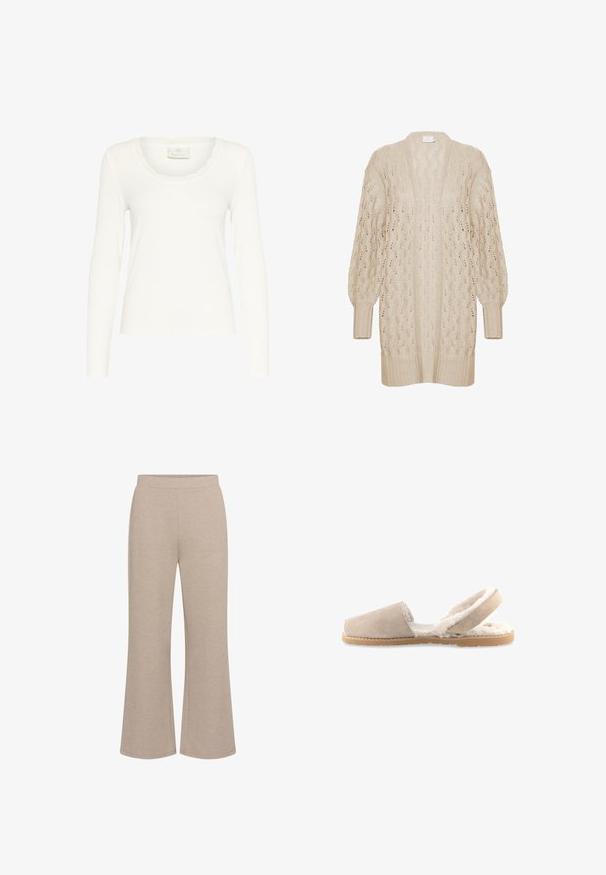 Cardigan en tricot beige à coupe ample, à l'avant ouvert, avec un motif en dentelle texturé. Il présente des poignets et un ourlet côtelés. Matériau léger et aéré.; Haut blanc à manches longues en tissu côtelé, présentant un décolleté festonné et une coupe ajustée. L'étiquette indique "KAFFE". Texture lisse.; Pantalon de survêtement évasé beige en mélange de coton doux avec une ceinture élastique et une texture lisse, présentant une coupe droite jusqu'à la cheville.; Chausson beige en daim à dos ouvert avec une doublure en polaire blanche moelleuse et une semelle extérieure en caoutchouc marron clair, conçu pour le confort intérieur.