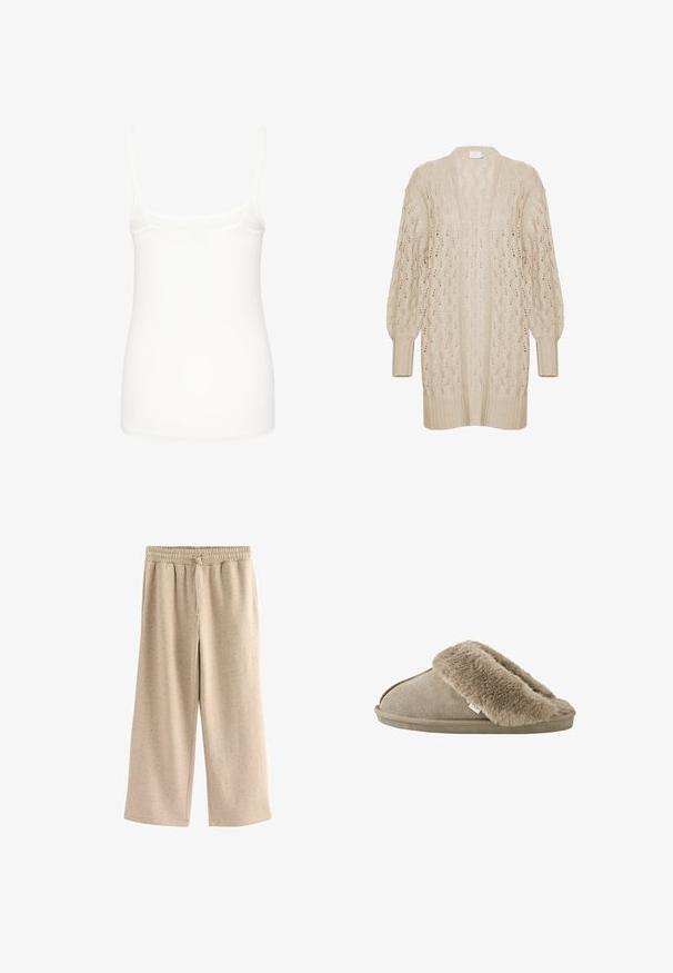 Cardigan en tricot beige à coupe ample, à l'avant ouvert, avec un motif en dentelle texturé. Il présente des poignets et un ourlet côtelés. Matériau léger et aéré.; Camisole blanche sans manches en tissu lisse, dotée de fines bretelles et d'une coupe ajustée avec un ourlet droit. Pas de motifs ou d'accents supplémentaires.; Pantalons larges beiges en tissu doux, dotés d'une taille élastique avec cordon de serrage et d'une texture subtilement mouchetée sur l'ensemble.; Chausson beige à enfiler avec une doublure douce et pelucheuse en fourrure autour de l'ouverture et une semelle extérieure effet daim.