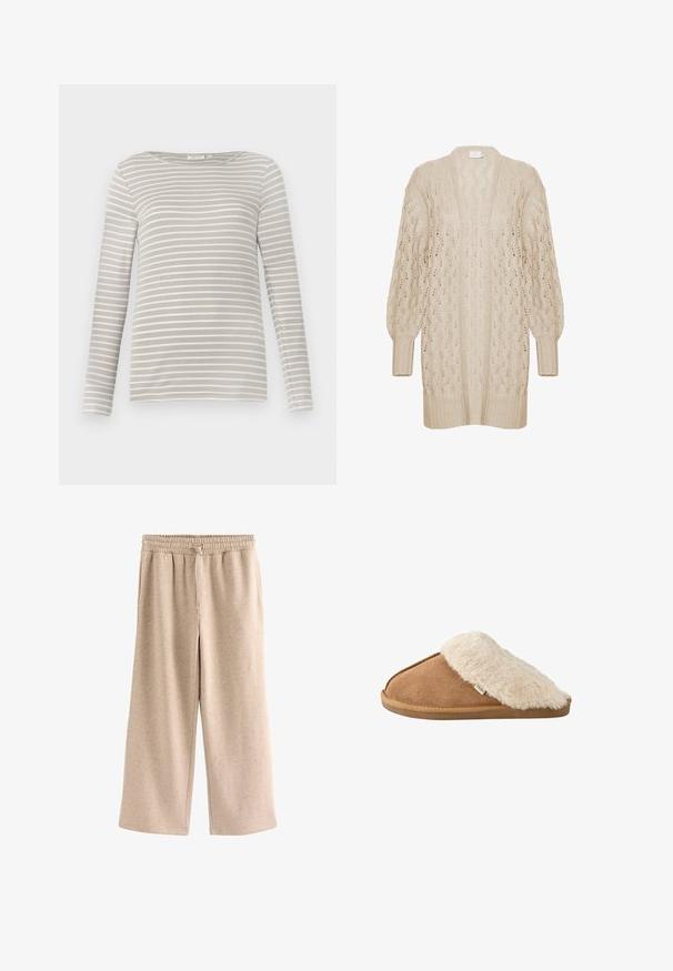 Beige strikket cardigan med løs pasform, åben front og tekstureret blondermønster. Har ribbede manchetter og kant. Let og luftig materiale.; TOM TAILOR STRIPED BOAT NECK - Langærmet T-shirt - taupe/offwhite; Beige bukser med vide ben, elastisk talje og snørre, lavet af et blødt, plettet stof.; Brun slip-on tøffel med blød beige imiteret pelsforing og sål, vist fra siden på hvid baggrund.