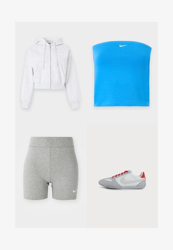 Lysegrå cropped hættetrøje med lynlås, forlommer, snøre i hætten, elastiske manchetter og diskret mærkelogo på brystet.; Lyseblå Nike tube top uden stropper med hvid Swoosh-logo centreret nær den øverste kant.; Grå atletiske shorts lavet af blødt stof, med høj talje og et lille hvidt Nike-logo på nederste venstre side.; Lavprofileret grå og hvid Nike-sneaker med stort hvidt swoosh-logo, rød hælflap og røde snørebånd på en ensfarvet baggrund.