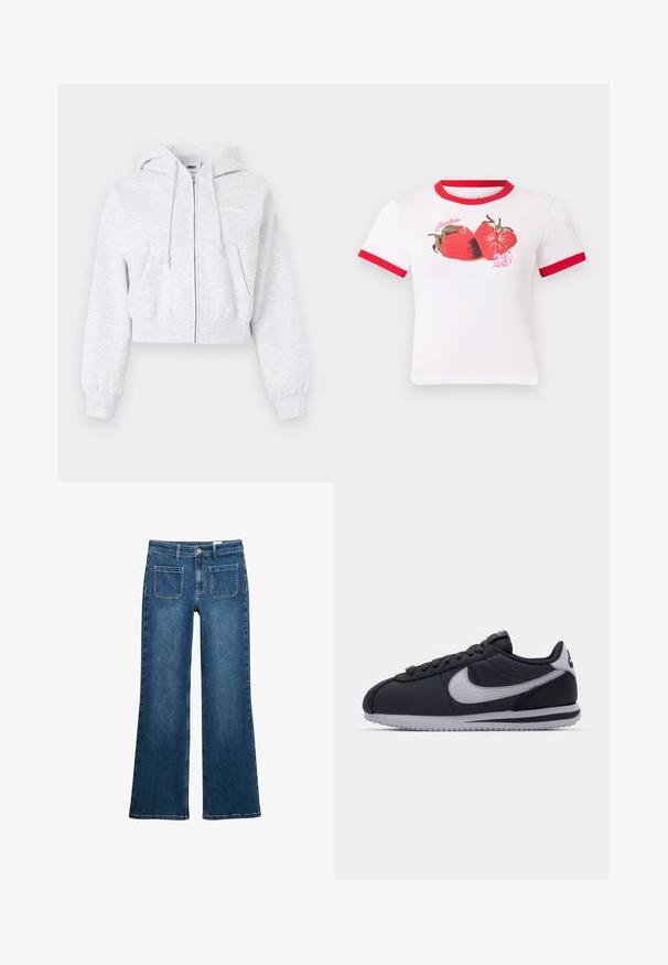 Lysegrå cropped hættetrøje med lynlås, forlommer, snøre i hætten, elastiske manchetter og diskret mærkelogo på brystet.; Hvid kortærmet cropped top med rød kant på krave og ærmer, med grafik af to jordbær og tallet "23".; Blå denim flared jeans med mellemhøj talje, frontknap og lynlås lukning, fem lommer og syet detaljering på sømmene.; Sort atletisk sko med grå accenter, glat syntetisk overdel, tekstureret sål, afrundet tå og flade snørebånd. Klassisk design med logodetalje.