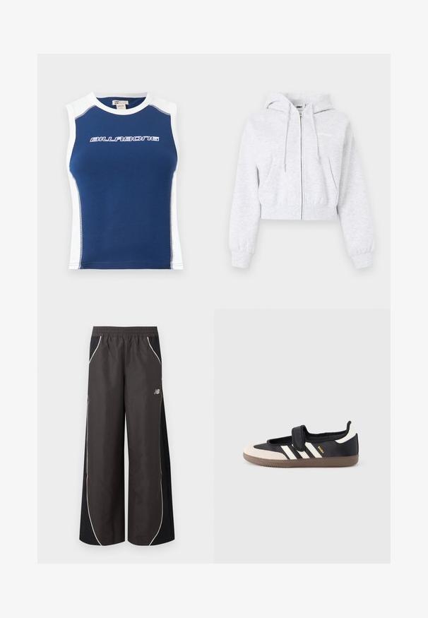 Sweat à capuche zippé court gris clair avec poches avant, capuche à cordon, poignets élastiques et logo discret de la marque sur la poitrine.; Débardeur de sport bleu sans manches avec panneaux latéraux blancs et col, avec le logo "BILLABONG" en blanc sur la poitrine.; Pantalon de sport noir et gris foncé à jambes larges avec taille élastique, passepoil blanc sur les côtés et petit logo blanc New Balance sur la jambe droite.; Baskets noires et beiges avec une bride en velcro, trois bandes blanches sur le côté, et une semelle en caoutchouc marron texturée. Logo de la marque visible.