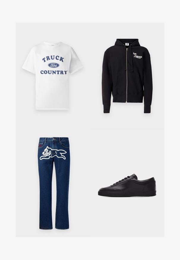 Sudadera con capucha negra con cremallera, hecha de algodón. Presenta un logo frontal, capucha con cordón, bolsillos delanteros y puños y dobladillo acanalados. Textura suave.; Camiseta de algodón blanca con texto impreso en azul "TRUCK COUNTRY" y un logo ovalado en azul de "Ford" en el centro. Mangas cortas y cuello redondo.; Pantalones vaqueros de denim azul con piernas rectas, que presentan un gran gráfico en blanco de una criatura saltando en el bolsillo trasero. Diseño estándar de cinco bolsillos.; Zapatilla baja negra de cuero con cordones en la parte delantera y suela plana de goma, mostrada de perfil sobre un fondo blanco liso.
