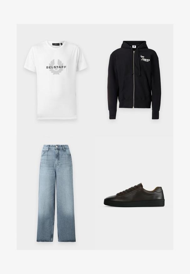 Sweat à capuche zippé noir en coton. Comprend un logo à l'avant, une capuche avec cordon de serrage, des poches avant et des poignets et ourlet côtelés. Texture lisse.; T-shirt blanc à manches courtes avec col rond, arborant un logo Belstaff gris et un emblème centrés sur la poitrine.; Jean bleu clair taille haute, jambes larges, avec fermeture à boutons et fermeture éclair, poches avant et passants pour ceinture sur un fond uni.; Baskets basses en cuir marron foncé avec semelle en caoutchouc noire, lacets à l'avant et design minimaliste épuré sur fond clair.