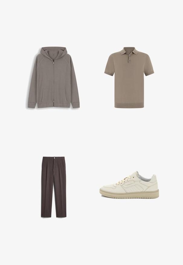 Sweat à capuche zippé marron clair avec poches frontales et manches longues présenté sur fond blanc.; Polo couleur taupe avec une finition texturée, manches courtes et col. Comprend une patte de boutonnage à trois boutons et des poignets côtelés.; Pantalon droit marron foncé avec fermeture frontale par bouton et zip, plis avant visibles et passants de ceinture à la taille.; Baskets basses blanc cassé avec semelle beige, fermeture à lacets, panneaux latéraux perforés et détails de couture minimalistes.