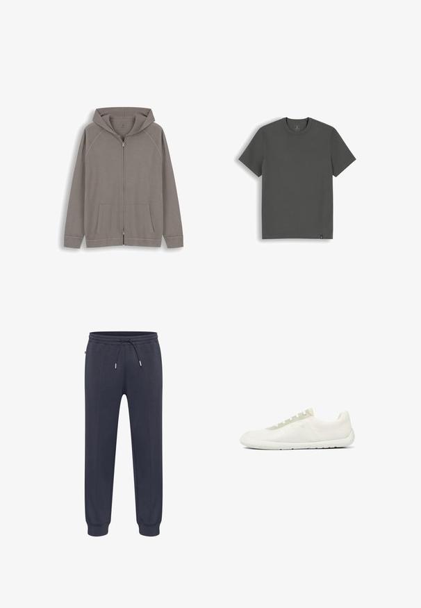 Lichtbruine hoodie met ritssluiting, met voorzakken en lange mouwen, afgebeeld tegen een witte achtergrond.; Donkergrijs T-shirt met korte mouwen en ronde hals met een klein zwart labeltje vlak bij de onderzoom aan de rechterkant.; Donkerblauwe joggingbroek met elastische tailleband, verstelbaar trekkoord, zijzakken en aansluitende boorden. Gemaakt van zacht, lichtgewicht materiaal.; Minimalistische witte lage sneaker met gestructureerde meshstof, witte zool en lichtbeige veteroogpaneel.