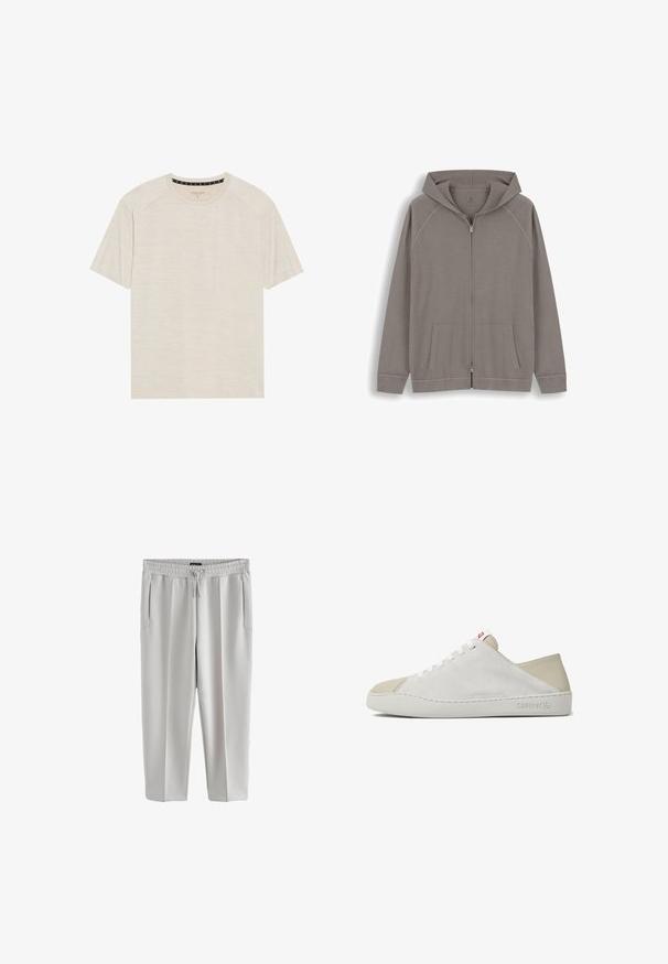 Lys brun lynlåshættejakke med forlommer og lange ærmer vist mod en hvid baggrund.; Lys beige kortærmet T-shirt lavet af tekstureret stof, med rund halsudskæring og raglanærmer. Subtle horisontalt stribemønster.; Lys grå sweatpants lavet af glat stof, med elastisk talje og snor, samt to sidelommer.; Hvide og beige ruskindssneakers med lav top, der har en hvid sål, rundet tå og et lille rødt logo på siden.