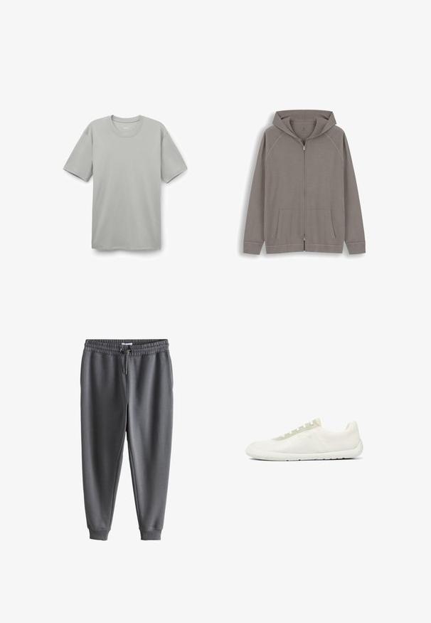 Sudadera con capucha y cremallera de color marrón claro con bolsillos delanteros y mangas largas, mostrada sobre un fondo blanco.; Camiseta de algodón gris claro con cuello redondo, mangas cortas y un ajuste relajado. Textura suave sin patrones ni adornos visibles.; Pantalones deportivos gris oscuro con cintura elástica y cordón, piernas estrechas y puños acanalados en los tobillos.; Zapatilla minimalista blanca de caña baja con tejido de malla texturizado, suela blanca y panel de ojetes para cordones en color beige claro.