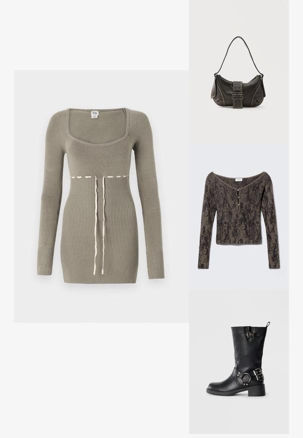 Langærmet ribstrikket cardigan med rund halsudskæring, knappelukning foran og abstrakt sort og brun mønster.; Grøn strikket kjole med lange ærmer, firkantet halsudskæring, ribbet tekstur på kroppen og en snore detalje i livet i kontrasterende hvid.; Sorte knæhøje støvler lavet af læder, med rund toe, en lav hæl, side spænde detaljer og en trækrem bagi.; Sort læder skuldertaske med spænde på remmen, afrundede kanter og kontrasterende hvide syninger på en ensfarvet baggrund.