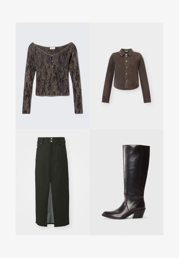 Langærmet ribstrikket cardigan med rund halsudskæring, knappelukning foran og abstrakt sort og brun mønster.; Brun langærmet kordskjorte med krave og forreste knapper på en ensfarvet lys baggrund.; Sort denimnederdel med høj talje, to guld knaplukninger, slids foran og sidelommer. Glat tekstur og knælangt design.; Knæhøj, mørkebrun læderstøvle med spids tå, vinkelret blokhæl og en glat, blank overflade. Har et enkelt design og syningsdetaljer.