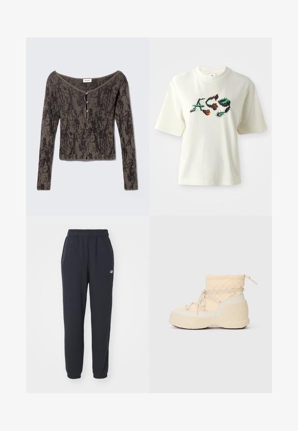 Langærmet ribstrikket cardigan med rund halsudskæring, knappelukning foran og abstrakt sort og brun mønster.; Cremefarvet bomulds t-shirt med korte ærmer, der har et sort, grønt og orange blomsterdesign samt stiliseret tekst i midten.; Sorte sweatpants med elastisk talje, to sidelommer og et lille hvidt logo på venstre hofte. Fremstillet af blødt stof med en glat overflade.; Beige, kviltet, vandtæt vinterstøvle med tyk sål, sidelukning med snørebånd og en snor i toppen.