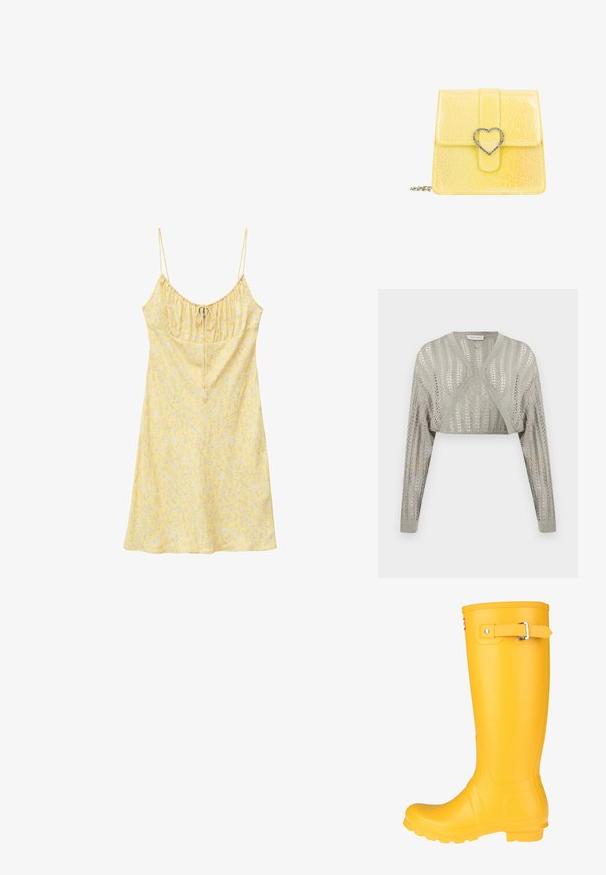 Boléro tricoté gris clair à devant ouvert avec manches longues et un délicat motif en dentelle, conçu par Anna Field.; Robe jaune sans manches avec fines bretelles, petit motif floral blanc et encolure froncée avec un lien à l'avant.; Botte de pluie en caoutchouc jaune avec une surface lisse, une sangle à boucle réglable et une semelle texturée pour une meilleure adhérence. Design haut, orteil arrondi et corps sans couture.; Petit sac à main jaune texturé avec un fermoir en strass en forme de cœur et une bandoulière chaîne argentée sur fond blanc.