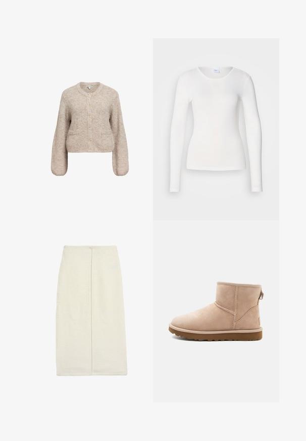 Beige cropped cardigan lavet af blødt, tekstureret stof. Har en rund halsudskæring, lange ærmer og fem guldknapper fortil.; Hvid langærmet skjorte lavet af et blødt, glat stof; har en rund halsudskæring og en tætsiddende facon uden mønstre eller pynt.; Lang elfenbenfarvet nederdel lavet af tekstureret stof, med en lige design og en centralt placeret bagsøm. Ingen synligt hardware eller mønstre.; Beige ruskindsankelstøvle med rund tå, synlige sting og en tekstureret brun gummisål. Har en træksløjfe på bagsiden.