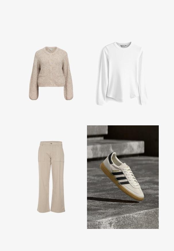 Beige cropped cardigan lavet af blødt, tekstureret stof. Har en rund halsudskæring, lange ærmer og fem guldknapper fortil.; Hvid langærmet ribbet T-shirt med rund halsudskæring. Har en afslappet pasform og glat tekstur, hvilket gør den til et alsidigt og åndbart valg.; Beige kordfløjs bukser med vide ben og lodrette striber, med to forlommer og en enkelt knaplukning. Blød tekstur og afslappet pasform.; Hvid Adidas Spezial sneaker med sorte striber og gummisål, svævende over grå stentrin udendørs.