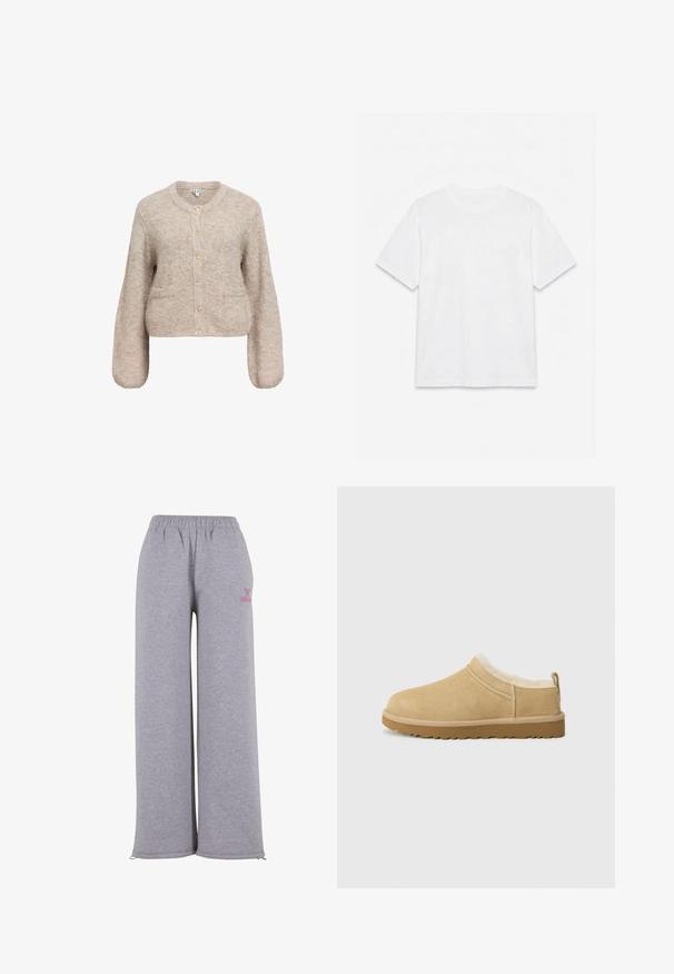 Beige κοντό cardigan κατασκευασμένο από μαλακό, υφασμάτινο υλικό. Διαθέτει στρογγυλή λαιμόκοψη, μακριά μανίκια και πέντε χρυσά κουμπιά μπροστά.; Απλό λευκό κοντομάνικο t-shirt με στρογγυλή λαιμόκοψη, απλωμένο επίπεδα πάνω σε λευκό φόντο.; Γκρίζες φαρδιές φόρμες από μαλακό ύφασμα, με ελαστική μέση και μικρή ροζ λεπτομέρεια λογότυπου στο πλάι.; Αναπάντεχο σουέτ πέδιλο σε ανοιχτό καφέ, με μαλακή επένδυση από γούνινο ύφασμα και υφασμάτινη σόλα από καουτσούκ με ελαφριά τακούνι και θηλιά πίσω για εύκολη χρήση.