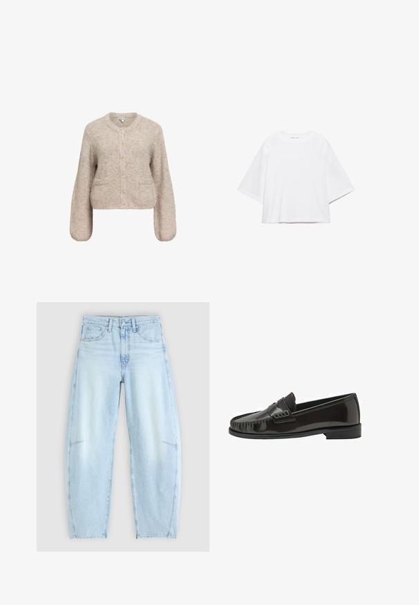 Beige cropped cardigan lavet af blødt, tekstureret stof. Har en rund halsudskæring, lange ærmer og fem guldknapper fortil.; Hvid, kortærmet, løs t-shirt lavet af blød bomuld. Har rund halsudskæring og brede ærmer, med et rent, enkelt design.; Lyseblå denimjeans med en afslappet pasform, der har høj talje, fem-lommers design og subtilt slid med frynset kant.; Sort blank læder herre slip-on loafer med syning på moc tå og lav stablet hæl, vist i sideprofil på hvid baggrund.