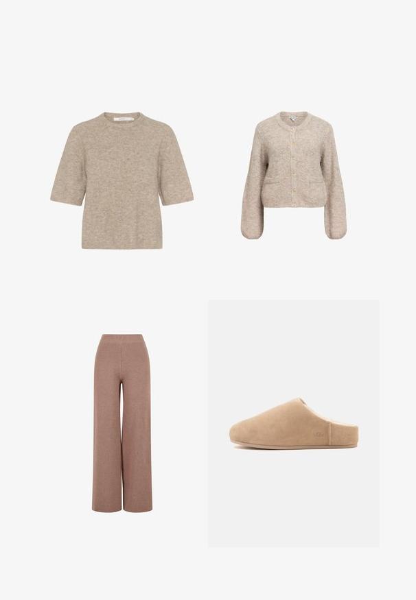 Beige cropped cardigan lavet af blødt, tekstureret stof. Har en rund halsudskæring, lange ærmer og fem guldknapper fortil.; Beige kortærmet sweater lavet af blødt strikstof med en rund halsudskæring og en afslappet pasform. Teksturen er en smule fuzzy.; Brune, vide strikkede bukser med et tekstureret stof, der har en elastisk talje og en løs pasform for komfort.; Beige ruskind slip-on tøfler med blødt for og flad sål, lukket tå, åben bag, og diskret "UGG" logo på siden.