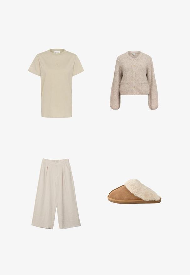 Beige verkürzter Cardigan aus weichem, strukturiertem Stoff. Hat einen runden Halsausschnitt, lange Ärmel und fünf goldene Knöpfe auf der Vorderseite.; Helles beige T-Shirt mit kurzen Ärmeln aus weichem Stoff, mit rundem Halsausschnitt und einem dezenten, geprägten Logo auf der Brust.; Beige weite, knöchellange Hosen mit seitlichen Taschen, Vorderfalten, elastischem Bund und doppelter Knopfverschluss.; Brauner pantoffel zum Hineinschlüpfen mit weichem beigem Kunstpelzfutter und -sohle, Seitenansicht auf weißem Hintergrund.