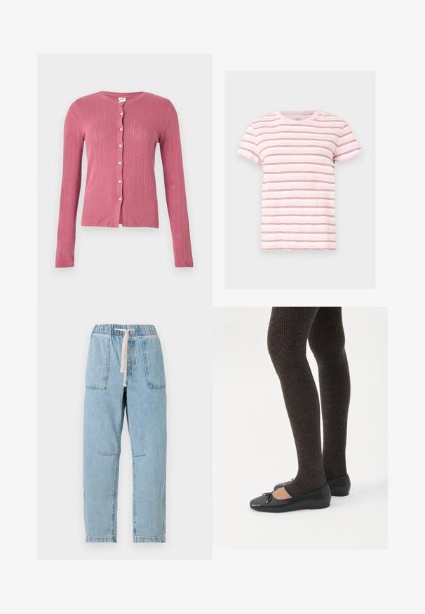Roze cardigan met lange mouwen, verticale geribbelde breipatroon en witte knopen aan de voorkant, weergegeven tegen een effen achtergrond.; Roze-witte T-shirt met korte mouwen, dunne horizontale bruine strepen, ronde hals en een casual pasvorm.; Lichtblauwe denim broek met een elastische tailleband en koord. Voorzien van twee voorzakken en zichtbare stiksels. Rechte pasvorm.; Benen met donkere geribbelde leggings gecombineerd met zwarte ballerina's met kleine strikdetails op een witte achtergrond.