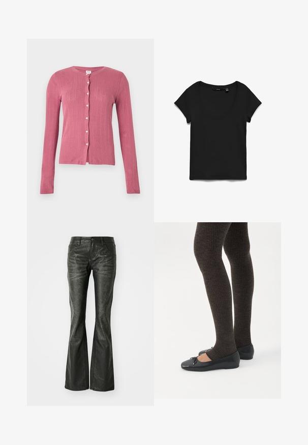 Roze cardigan met lange mouwen, verticale geribbelde breipatroon en witte knopen aan de voorkant, weergegeven tegen een effen achtergrond.; Zwart T-shirt met korte mouwen en ronde hals, plat gelegd op een witte achtergrond, met vooraanzicht en stoftextuur.; Zwarte nepleer flared jeans met voorzakken, een metalen knoopsluiting en een licht gestructureerd oppervlak. Rechte pijpen met een lange snit.; Benen met donkere geribbelde leggings gecombineerd met zwarte ballerina's met kleine strikdetails op een witte achtergrond.