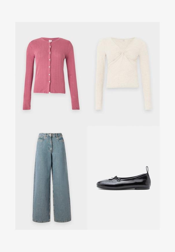 Lyserød cardigan med lange ærmer, lodret ribstrikket mønster og hvide knapper foran, vist mod en ensfarvet baggrund.; Creme langærmet top lavet af blødt, tekstureret stof. Har en V-udskæring og en twist-detalje i midten. Forkortet design.; Høj talje, lyseblå vidde denim jeans med frontlynlås, knappelukning og forlommer.; Sorte patenterede læder ballet flats med rund tå, lille sløjfedetalje og glat tekstur; har en lav flad sål og en træksløjfe ved hælen.