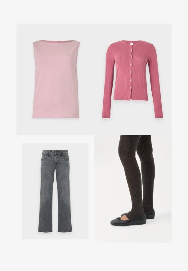 Cardigan rose à manches longues avec un motif de tricot côtelé vertical et des boutons blancs sur le devant, présenté sur un fond uni.; Haut sans manches rose clair avec encolure droite, design simple et sans motifs ni décorations visibles, présenté sur un fond uni.; Jeans en denim gris à jambe droite avec bouton frontal, fermeture éclair et cinq poches, présentés sur un fond blanc.; Jambes portant des leggings côtelés foncés associés à des ballerines noires avec de petits détails en nœud sur fond blanc.