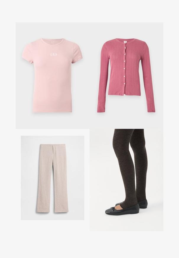Cardigan rose à manches longues avec un motif de tricot côtelé vertical et des boutons blancs sur le devant, présenté sur un fond uni.; T-shirt côtelé rose clair à manches courtes, col rond avec logo GAP blanc centré sur la poitrine.; Pantalon beige à jambes larges avec taille haute, détail de couture à l'avant, sans boutons ni poches visibles, posé à plat sur fond blanc.; Jambes portant des leggings côtelés foncés associés à des ballerines noires avec de petits détails en nœud sur fond blanc.