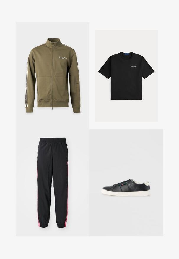 Olivovo zelená bunda na zips s vysokým golierom a logovanou páskou pozdĺž rukávov a hrudníka s nápisom EA7 Emporio Armani.; Čierne bavlnené tričko s krátkymi rukávmi, s okrúhlym výstrihom a vyšitým logom "Polo Sport Ralph Lauren" v bielej farbe na ľavej strane hrude.; Čierne vetrovky s ružovými bočnými pruhmi, elastickým pásom a manžetami. Na ľavom stehne je diskrétne logo. Hladká textura.; Čierna kožená teniska s bielou gumovou podrážkou. Má šnurovanie, farebný akcentový pruh a značkové logo na boku.