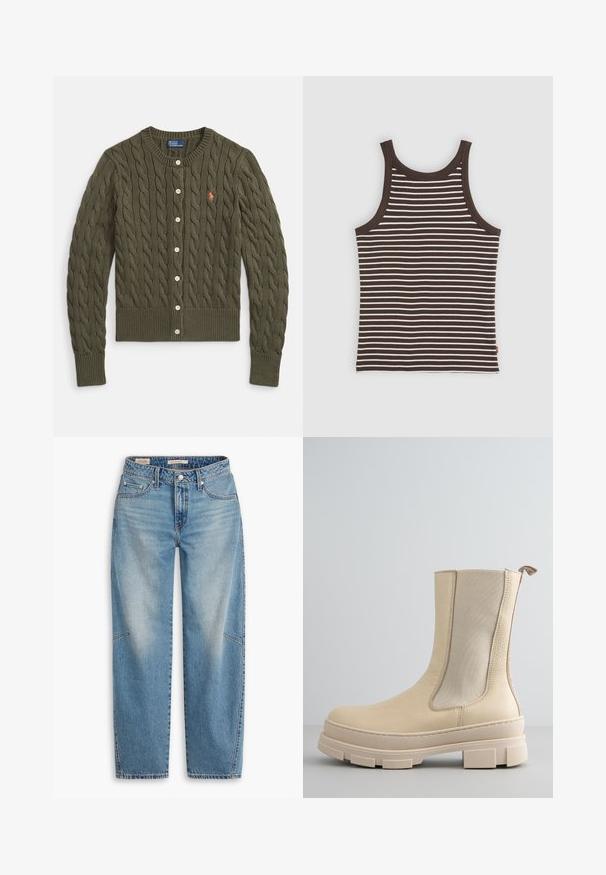 Khakigrüne Strickjacke mit Zopfmuster, Rundhalsausschnitt, Knopfleiste, gerippten Bündchen und Saum sowie einem kleinen, gestickten Logo auf der Brust.; Braun-weiß horizontal gestreiftes ärmelloses geripptes Tanktop mit rundem Ausschnitt und figurbetontem Schnitt.; Hellblaue Jeans aus Denim mit lockerem Schnitt, geradem Bein, Knopfleiste und Fünf-Taschen-Stil sowie dezenten Verblassungen und Ziernähten.; Beiger Lederstiefel bis zur Mitte der Wade mit grober, strukturierter Sohle und elastischem Seiteneinsatz.