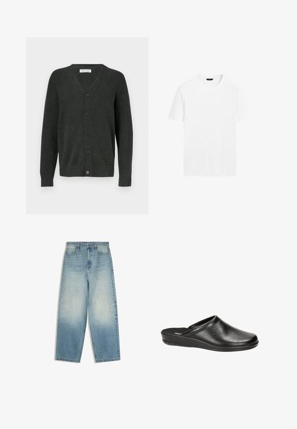 Donkergroene, V-hals cardigan van gestructureerde stof, met vijf knopen aan de voorkant en lange mouwen met geribbelde boorden.; Witte katoenen t-shirt met een ronde hals, korte mouwen en een rechte snit. Heeft een gladde, lichtgewicht textuur en geen zichtbare patronen.; Lichtblauwe denim jeans met wijde pijpen, voorzakken, knoopsluiting en vervaagde wassing op dijen en knieën.; Zwarte leren klompen met een ronde neus, lage hak en instapontwerp. Kenmerkt zich door een gladde textuur en subtiele stikseldetails op de bovenkant.