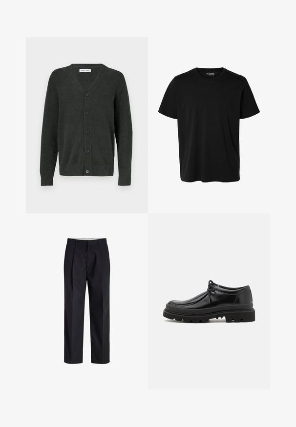 Mørkegrøn v-hals cardigan lavet af tekstureret stof, med fem knapper foran og lange ærmer med ribbet kant.; Ensfarvet sort t-shirt med korte ærmer og rund hals, herrepasform, uden synlige mønstre eller logoer foran.; Sorte bukser med lige ben med taljebånd, bæltestropper, frontlynlås og sidelommer vist på en hvid baggrund.; Sorte læder derby-sko med et strømlinet design, rund tå og struktureret gummisål med dybe riller for bedre greb.