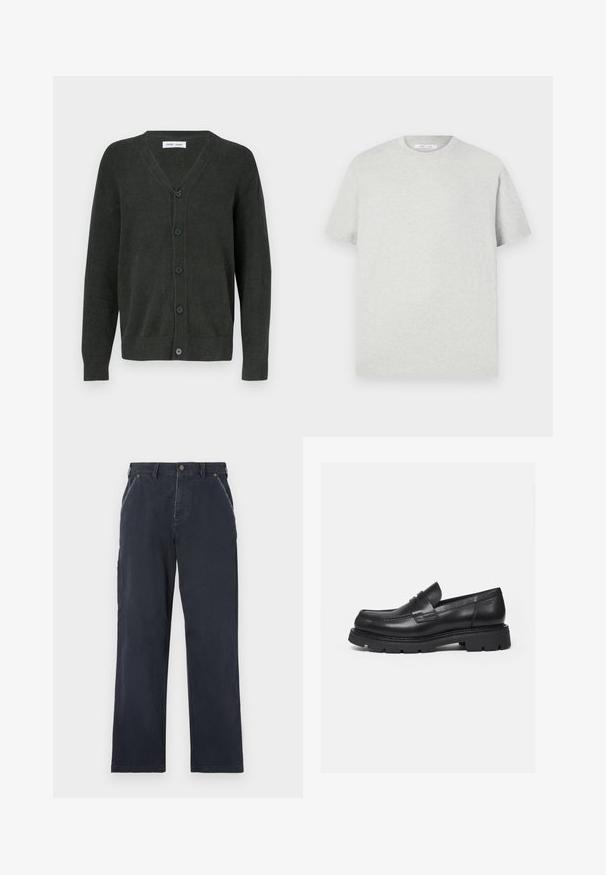 Cárdigan de cuello en v de color verde oscuro, confeccionado con tela texturizada, con cinco botones en la parte delantera y mangas largas con puños acanalados.; Camiseta de manga corta gris claro hecha de material suave, con cuello redondo y un corte relajado, sin patrones ni acentos visibles.; Pantalones de algodón azul marino con un diseño de pierna recta. Cuenta con bolsillos delanteros, cierre de botón y detalles de costura visibles.; Mocasín negro de cuero con suela gruesa y acanalada y detalle de tira para moneda, mostrado en perfil lateral derecho sobre fondo blanco.