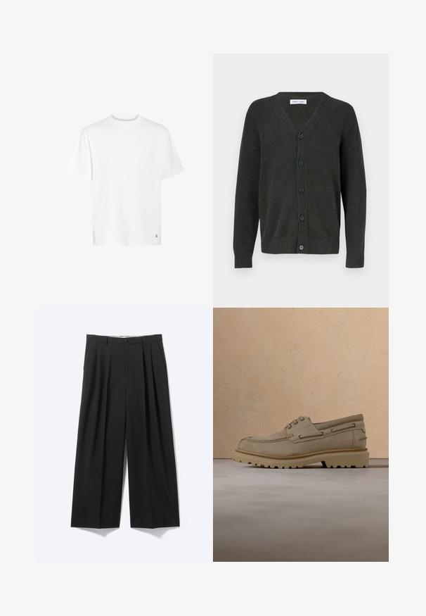 Mørkegrøn v-hals cardigan lavet af tekstureret stof, med fem knapper foran og lange ærmer med ribbet kant.; Hvid bomulds t-shirt med rund halsudskæring, korte ærmer og lige kant. Har et lille logo detaljeret i nederste hjørne.; Sorte bukser med vide ben, forplisser, bæltestropper og knaplukning vist på en ensartet lys baggrund.; Beige ruskind casual snørestøvle med tyk, rillet sål, vist i luften over matchende beige struktureret overflade og baggrund.