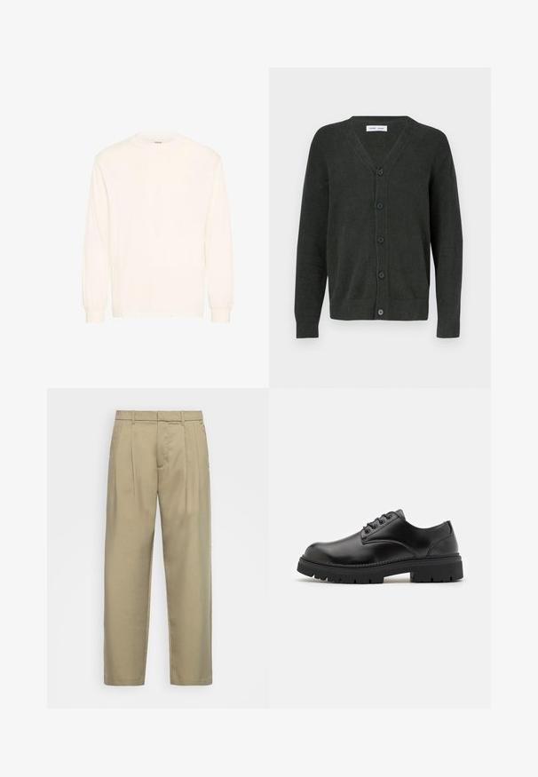 Mørkegrøn v-hals cardigan lavet af tekstureret stof, med fem knapper foran og lange ærmer med ribbet kant.; Langærmet skjorte i off-white bomuld med rund hals og elastiske manchetter, der har et minimalistisk design og blød tekstur.; Beige, højtsiddende bukser med lige snit, med flad forkant, sidelommer og et glat, tekstureret stof.; Sorte lædersko med rund tå, snørelukning og en tykk, struktureret gummisål. Har syninger langs kanten og en glat overflade.