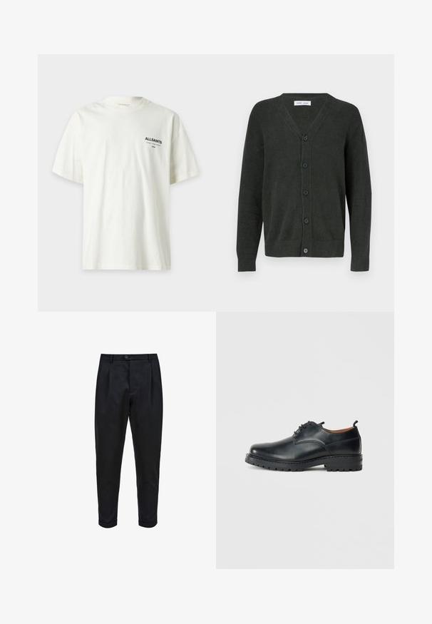 Cardigan vert foncé à col en V, en tissu texturé, doté de cinq boutons sur le devant et de manches longues avec poignets côtelés.; T-shirt blanc à manches courtes avec texte noir "ALLSAINTS" et caractères japonais imprimés sur le côté gauche de la poitrine.; Pantalons noirs en tissu lisse, avec un devant plissé, une coupe fuselée et des ourlets roulés. Fermeture par bouton simple à la taille.; Chaussures derby en cuir noir avec une texture lisse, bout rond, design à lacets et une semelle en caoutchouc épaisse et robuste.