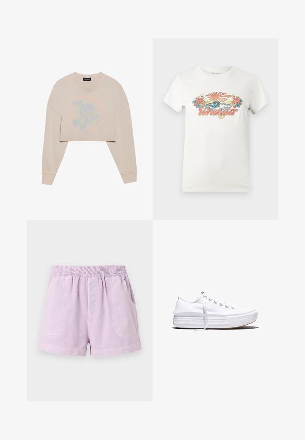 Sweatshirt beige à manches longues, cropped, avec un motif graphique bleu clair d'un cavalier et un texte circulaire autour. Texture douce, coupe décontractée.; T-shirt en coton blanc avec un graphisme coloré représentant un soleil levant, des vagues et des fleurs, affichant en évidence le logo "Wrangler" en rose.; Shorts lilas en tissu léger avec une taille élastique, dotés de deux poches avant et d'une coupe décontractée.; Baskets basses blanches en toile avec semelle plateforme épaisse, lacets sur le devant et embout en caoutchouc texturé, vues de profil.