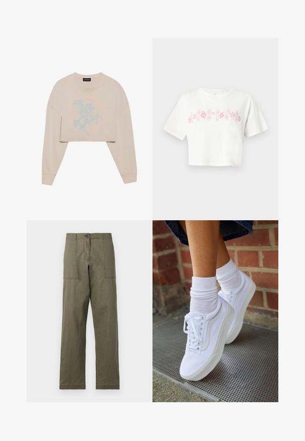 Beige verkürzter Sweatshirt mit langen Ärmeln, der ein hellblaues Grafikmotiv eines Pferdereiters und kreisförmigen Text darum zeigt. Weicher Stoff, lässige Passform.; Weißes, kurzärmeliges, cropped T-Shirt mit einem pinken Blumen- und Figuren-Grafikdesign auf der Brust. Hergestellt aus Baumwolle.; Olivgrüne Baumwollhosen mit geradem Bein, zwei großen Seitentaschen und einem Knopfverschluss an der Taille.; Weiße Leinensneaker mit Gummisohlen, ausgestattet mit sechs Ösen, runder Zehenpartie und dezenten Nähten, kombiniert mit weißen Knöchelsocken.