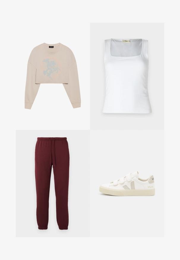 Beige cropped sweatshirt met lange mouwen, voorzien van een lichtblauwe afbeelding van een paardrijder en cirkelvormige tekst eromheen. Zachte textuur, ontspannen pasvorm.; Witte tanktop met vierkante halslijn, gemaakt van zachte stof. Beschikt over brede bandjes en een aansluitende pasvorm. Geen zichtbare patronen of versieringen.; Bordeaux joggerbroeken met elastische tailleband, trekkoord, zijzakken en elastische boorden op een effen witte achtergrond.; Witte sneakers met klittenbandsluitingen, suède accenten in beige, gestructureerde rubberen zool en een V-logo in grijs. Minimalistisch ontwerp, ronde vorm.