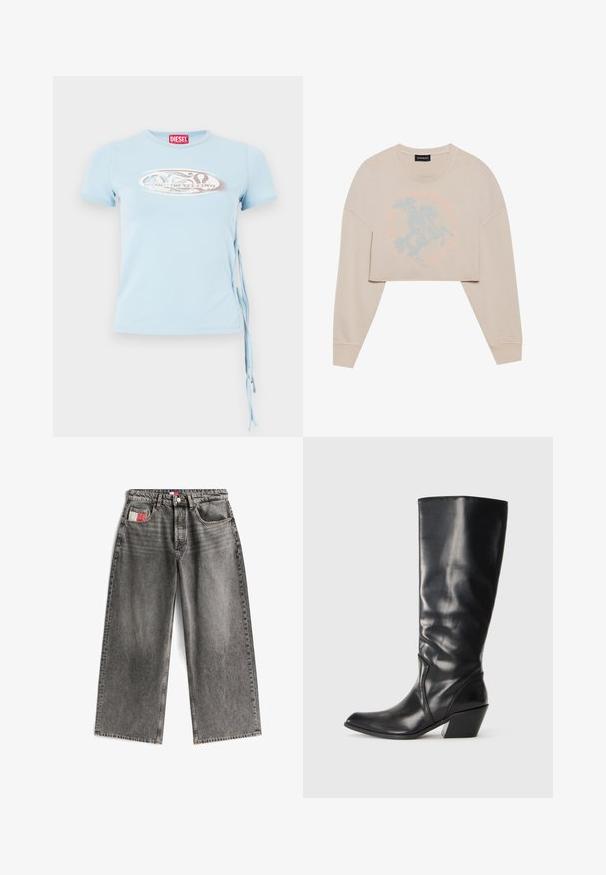 Beige cropped sweatshirt med lange ærmer, der har et lyseblåt grafisk motiv af en hesterider og cirkulær tekst omkring. Blød tekstur, afslappet pasform.; Lys blå kortærmet T-shirt med rund halsudskæring, sidebindinger og et grafisk print med teksten "www.diesel.com" i sølv.; Vide ben jeans i falmet sort denim med en frontknaplukning, fem lommer og et lille rødt og hvidt mærke på baglommen.; Sorte læder knæhøje støvler med spids tå, vinklet hæl og glat tekstur. Funktioner en subtil syning langs siden.