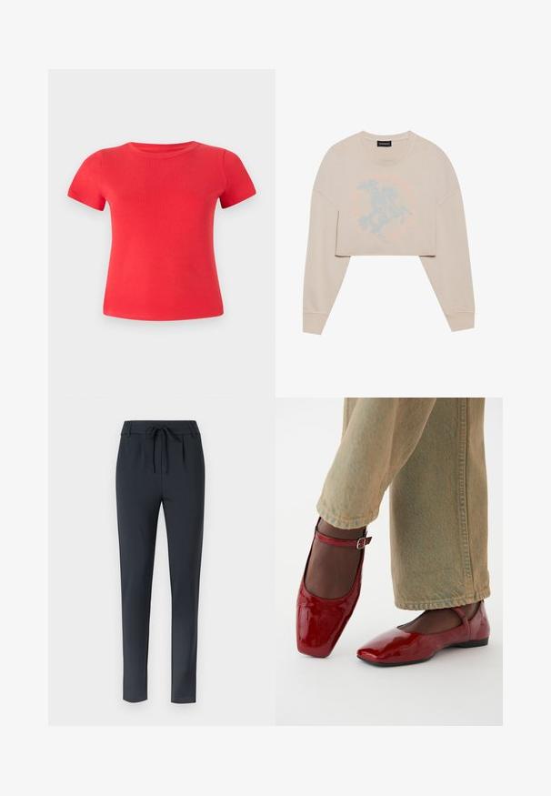 Beige cropped sweatshirt med lange ærmer, der har et lyseblåt grafisk motiv af en hesterider og cirkulær tekst omkring. Blød tekstur, afslappet pasform.; Rød bomulds T-shirt med korte ærmer, rund halsudskæring og glat tekstur, med en tætsiddende form og ingen synlige mønstre eller detaljer.; Mørkeblå slim-fit bukser med snøre i taljen, lavet af et blødt, strækbart stof, med flad forside og tapered ben design.; Røde patentlæder sko med firkantet tå, lav hæl og ankelrem, parret med lysegrønne vide bukser. Glat tekstur, reflekterende overflade.