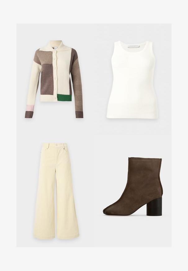 Strikket cardigan med krave, prydet med flerfarvede lapper i creme, brun, grøn og pink. Ribbet tekstur og knaplukning.; Hvid, ribstrikket, ærmeløs tanktop med rund halsudskæring, tætsiddende pasform og mærkeetiket på indersiden af bagkraven.; Bredde bukser lavet af blødt beige stof med en tekstureret overflade, der har forlommer, bæltestropper og en enkelt knaplukning.; Mørkebrune ruskindsstøvler med cylindrisk sort blokhæl og rundet tå, vist fra siden på en ensfarvet baggrund.