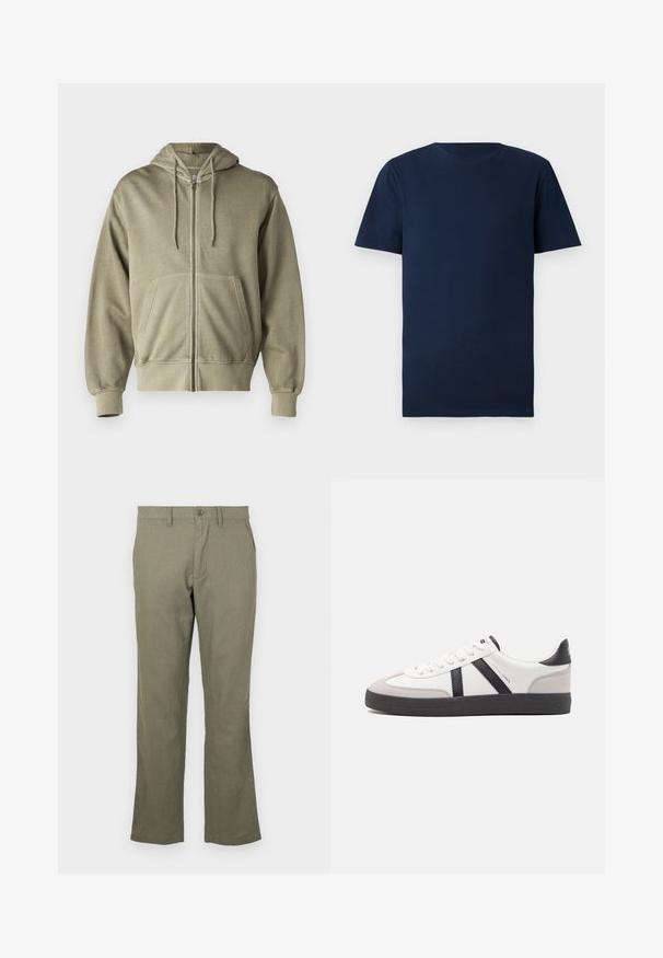 Helle olivengrüne Zip-Hoodie mit einer Kordelzugkapuze, Fronttaschen, gerippten Bündchen und Saum. Hergestellt aus weichem, strukturiertem Stoff.; Marineblaue Baumwoll-T-Shirt mit kurzen Ärmeln, Rundhalsausschnitt und normaler Passform. Glatte Textur, keine Muster oder sichtbaren Beschläge.; Lässige olivgrüne Hose aus einem weichen Stoff. Mit geradem Beinschnitt, Fronttaschen und Knopfverschluss. Keine sichtbaren Muster.; Weiße Sneaker mit schwarz- und grau-aczenten, ausgestattet mit einer strukturierten grauen Zehenkappe, schwarzer Gummi-Sohle und flachen weißen Schnürsenkeln. Sauberes Design, minimalistische Stil.
