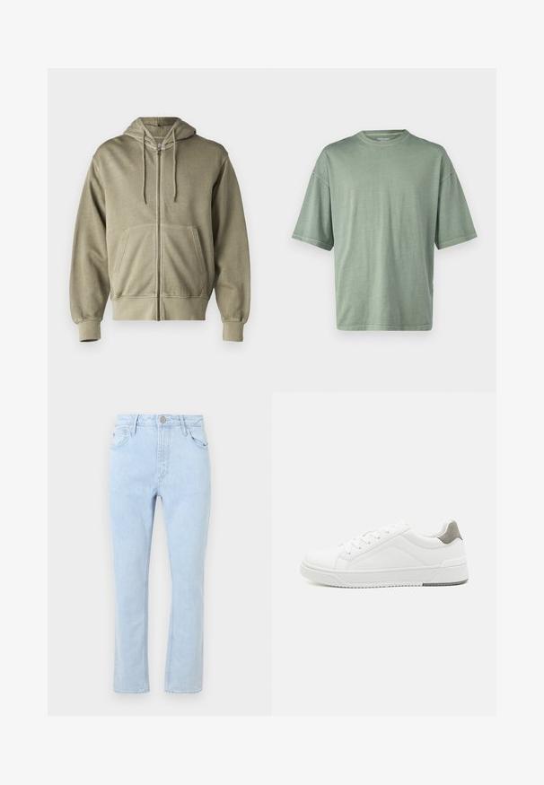 Lys olivengrøn zip-up hoodie med snoretræk, forlommer, ribbede manchetter og kant. Lavet af blødt, struktureret stof.; Lys grønt kortærmet t-shirt med rund halsudskæring og afslappet pasform; lavet af blødt materiale med en glat tekstur.; Lysblå denim jeans med lige ben-design, fem lommer, falmet tekstur og en metaltrykknaplukning i taljen.; Hvid sneaker lavet af glat læder, rund tå, minimalistisk design, grå hælafsats og tekstureret gummisål.