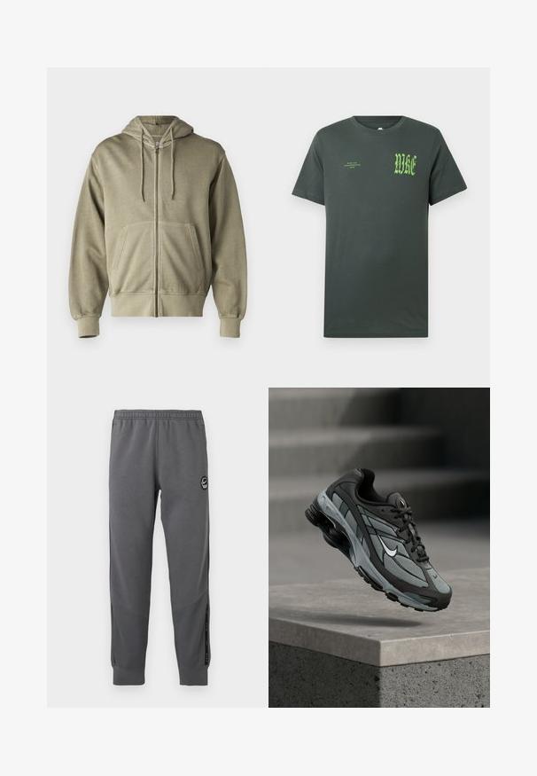 Licht olijfgroene zip-up hoodie met een trekkoordkap, voorzakken, geribbelde manchetten en onderkant. Gemaakt van zachte, gestructureerde stof.; Donkergroen katoenen T-shirt met korte mouwen. Voorzijde met grote groene "NIKE"-logo en kleinere tekst, klassieke ronde halslijn, gladde textuur.; Grijze sweatpants van zacht materiaal met een elastische tailleband, taps toelopende benen, zijpanelen en een ronde logo patch.; Grijze en zwarte sportieve sneaker met meshpanelen en dikke zool, zwevend in de lucht boven een betonnen richel met trappen op de achtergrond.