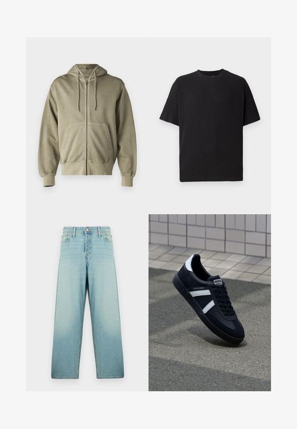 Helle olivengrüne Zip-Hoodie mit einer Kordelzugkapuze, Fronttaschen, gerippten Bündchen und Saum. Hergestellt aus weichem, strukturiertem Stoff.; Schwarzes, geripptes Kurzarm-T-Shirt mit Rundhalsausschnitt, das eine strukturierte Oberfläche und eine lockere Passform bietet.; Helle blaue weit geschnittene Jeans aus Denim mit einer ausgewaschenen Optik. Verfügt über einen Knopfverschluss vorne und ein Fünf-Taschen-Design.; Schwarze Leder-Sneaker mit weißen Streifen, strukturiertem Gummisohle und Schnürung. Verfügt über ein Markenetikett auf der Zunge.
